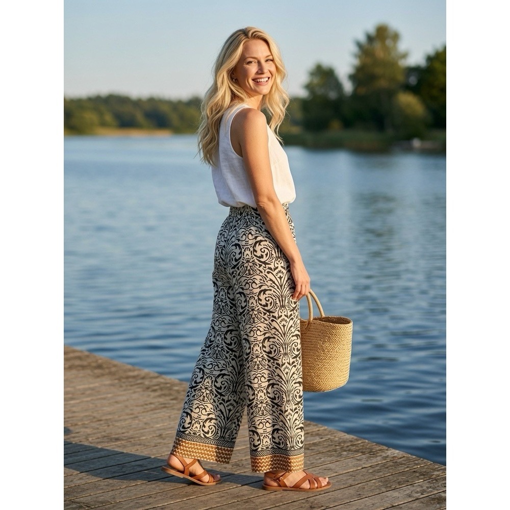 Soft Surroundings Palazzo Pants Tropical Black White Wide Leg Contrasting Size S
